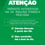 Interdição na Av. Raulina Fonseca Paschoal nesta terça (14/01) por rompimento de rede de drenagem