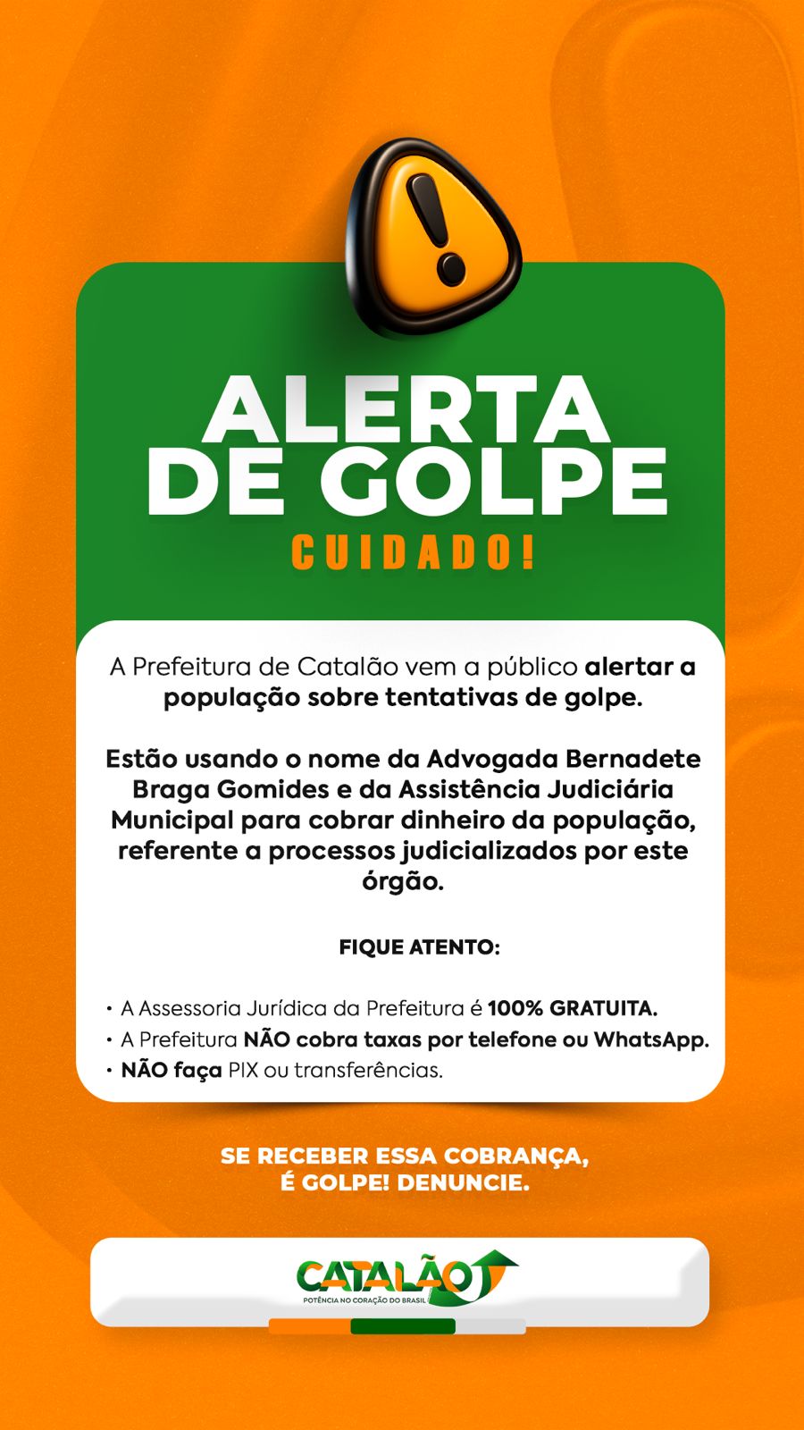 Prefeitura de Catalão alerta população sobre tentativas de golpe envolvendo assistência jurídica