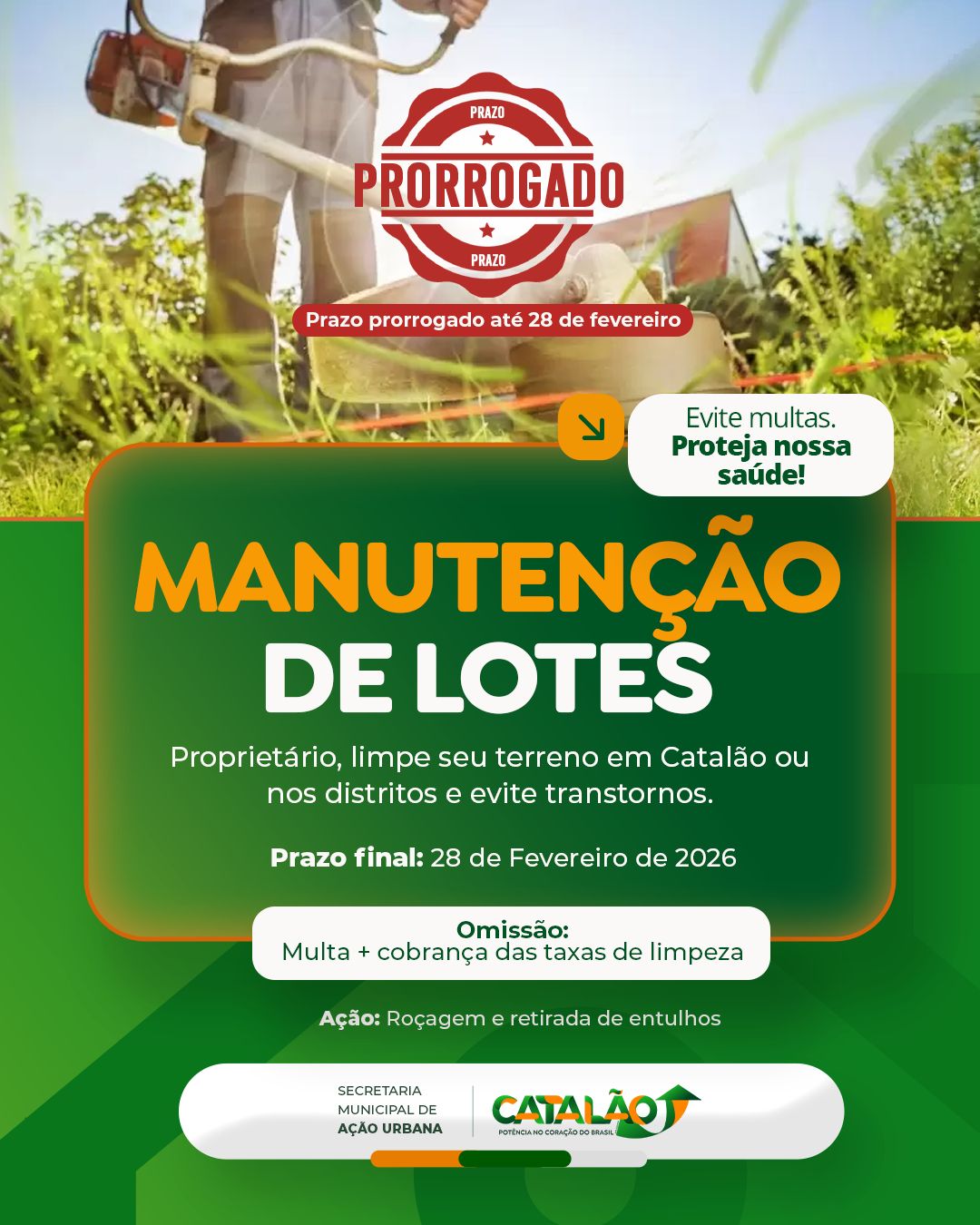 Prefeitura de Catalão prorroga prazo para limpeza de lotes devido às chuvas intensas