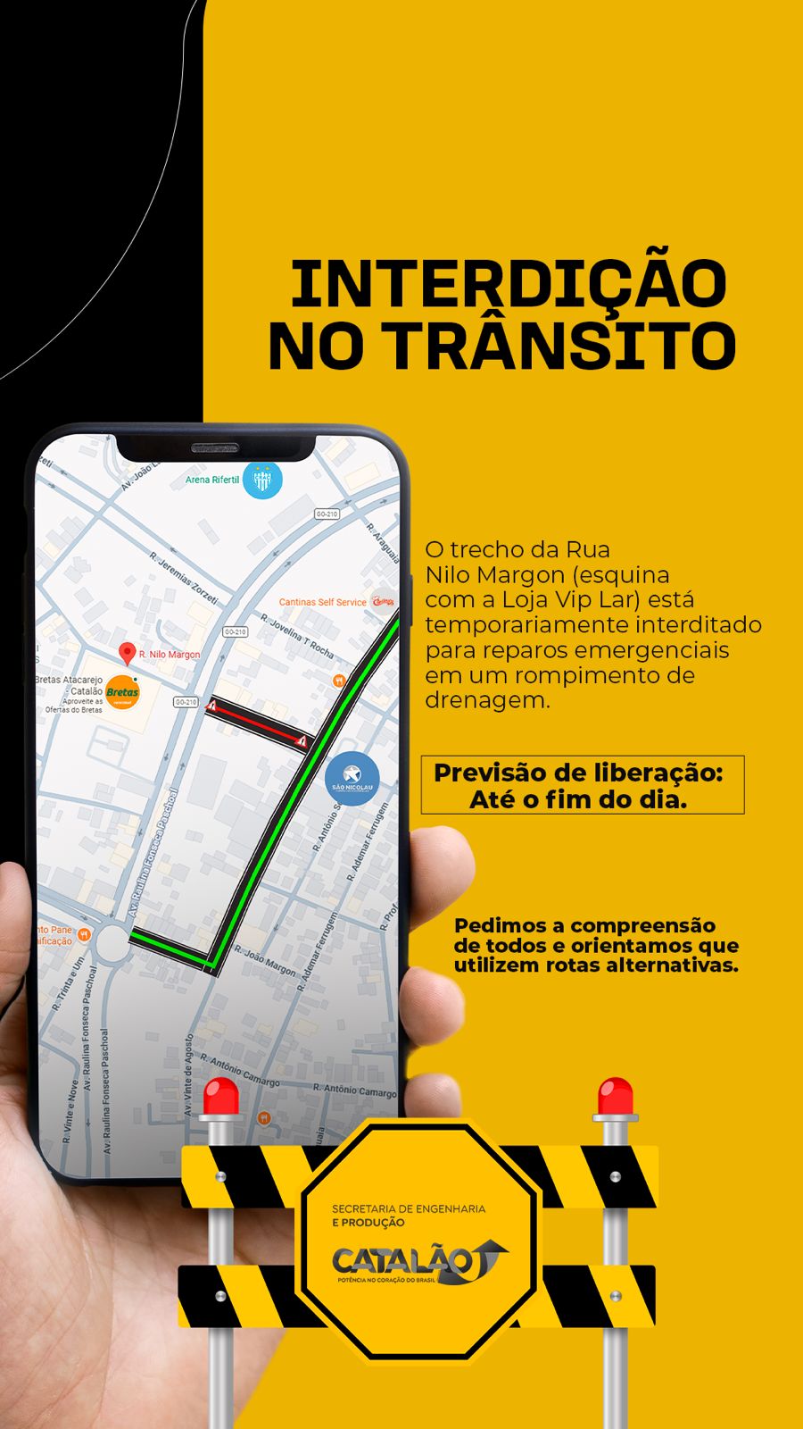 Trecho da Rua Nilo Margon é interditado para reparos emergenciais em Catalão