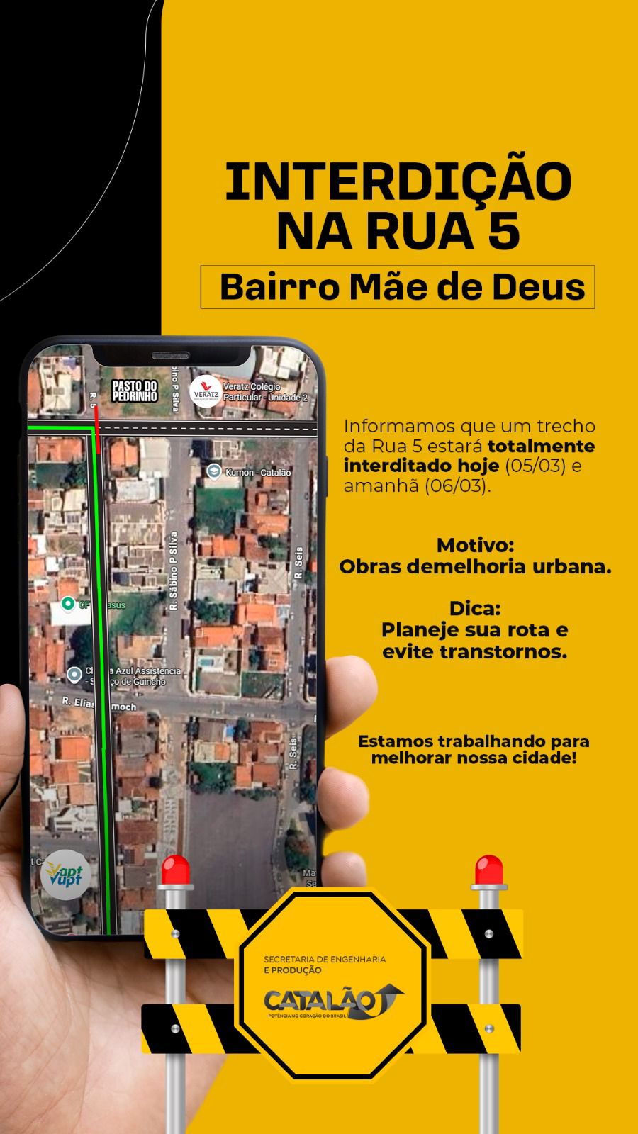Trecho da Rua 5, no bairro Mãe de Deus, é interditado para obras em Catalão