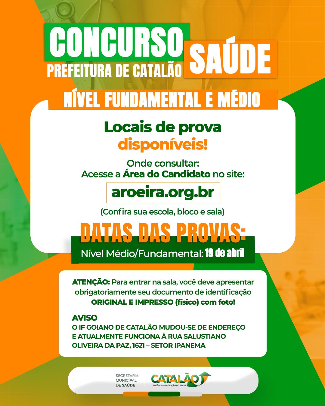 Concurso da Saúde em Catalão: locais de prova para níveis médio e fundamental já podem ser consultados