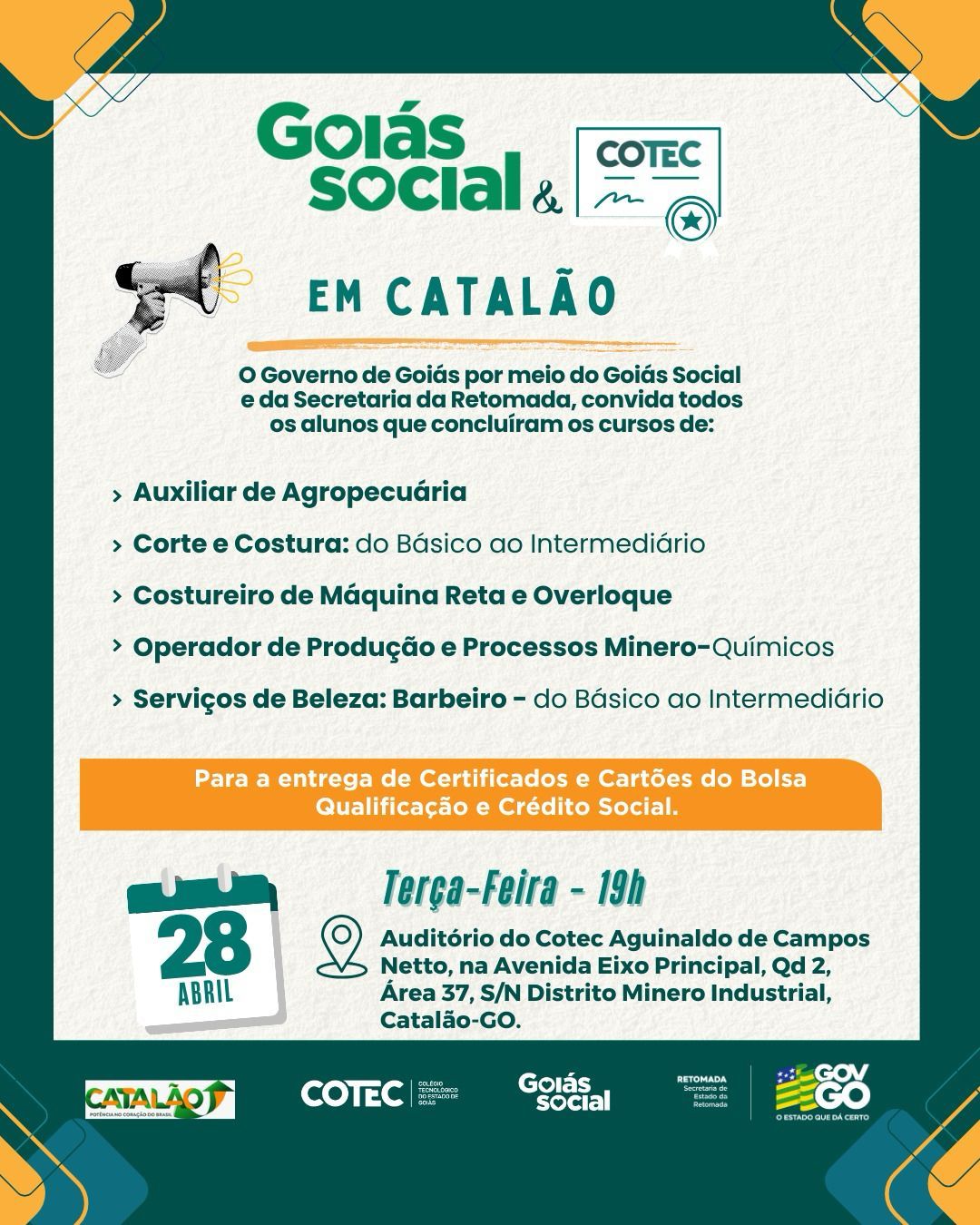 Entrega de certificados do Bolsa Qualificação e Crédito Social será realizada no COTEC em Catalão