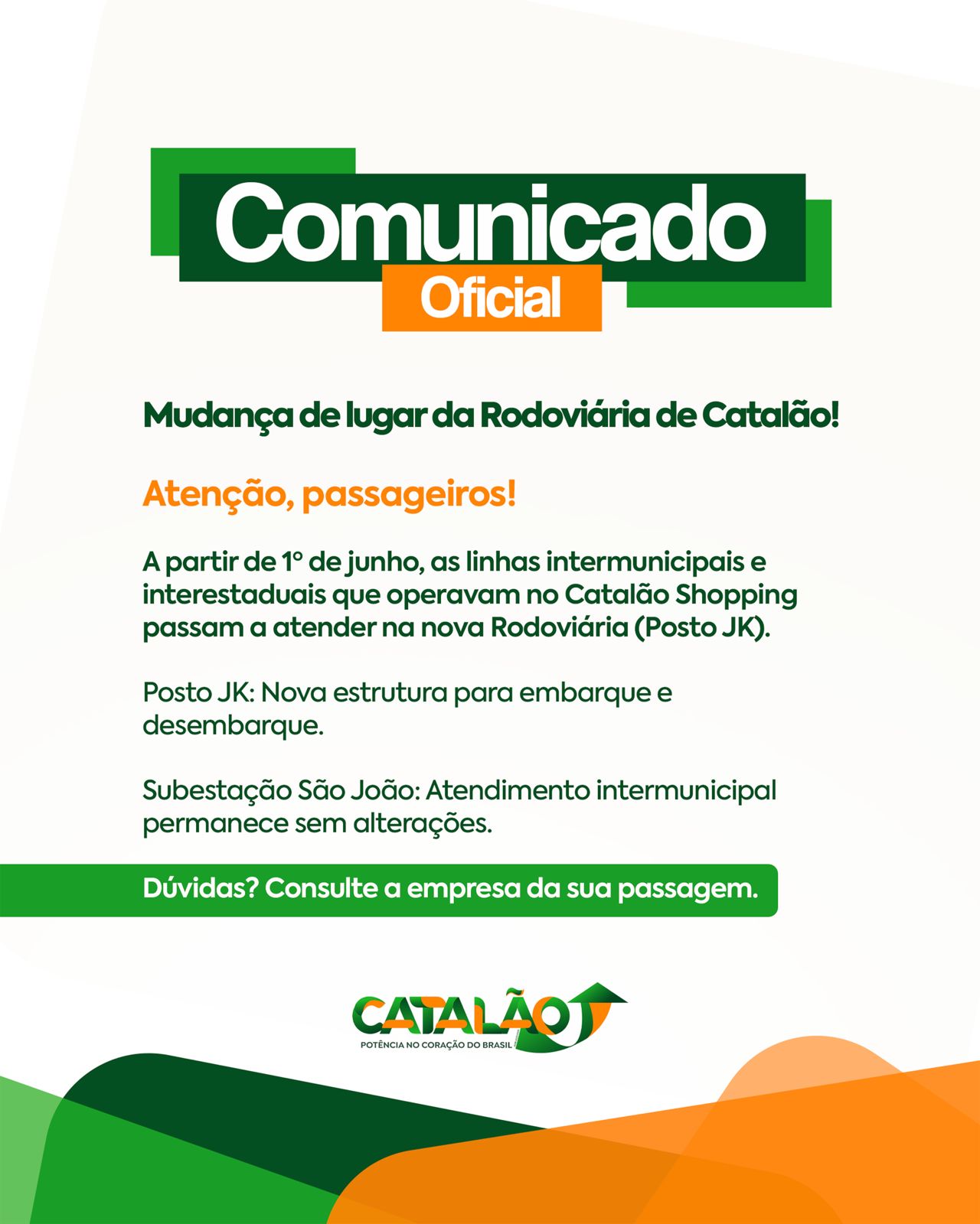 COMUNICADO OFICIAL: NOVA RODOVIÁRIA DE CATALÃO E ALTERAÇÃO DE PONTO DE PARADA