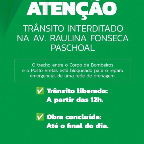Interdição na Av. Raulina Fonseca Paschoal nesta terça (14/01) por rompimento de rede de drenagem
