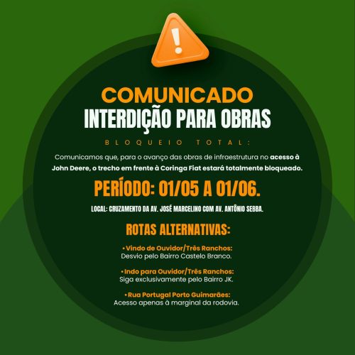 Prefeitura de Catalão anuncia interdição total de trecho para obras de mobilidade no acesso à Ouvidor