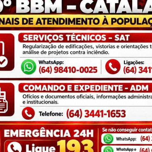 Canais de atendimento do 10º Batalhão Bombeiro Militar em Catalão